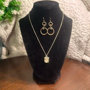 Dainty clock and single rhinestone necklace and drop swirled earrings